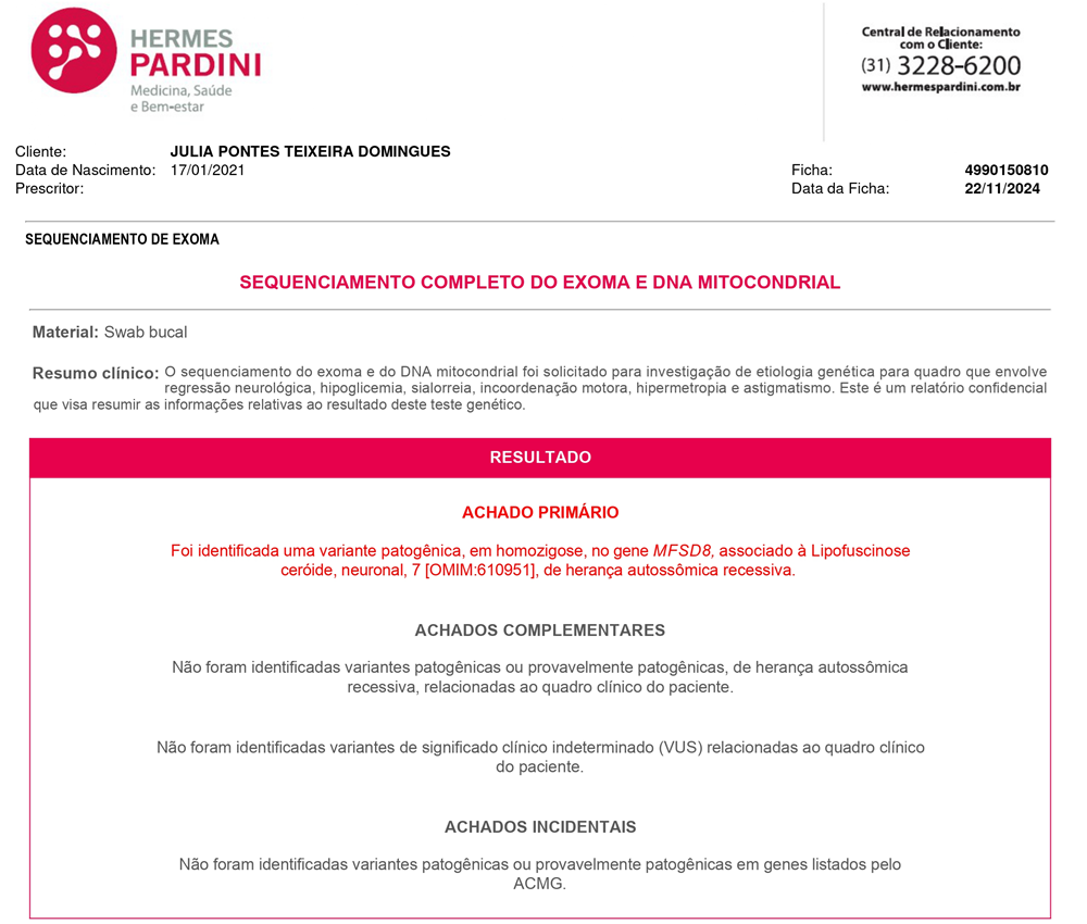 Comprovação de Diagnóstico CLN7 - Hermes Pardini