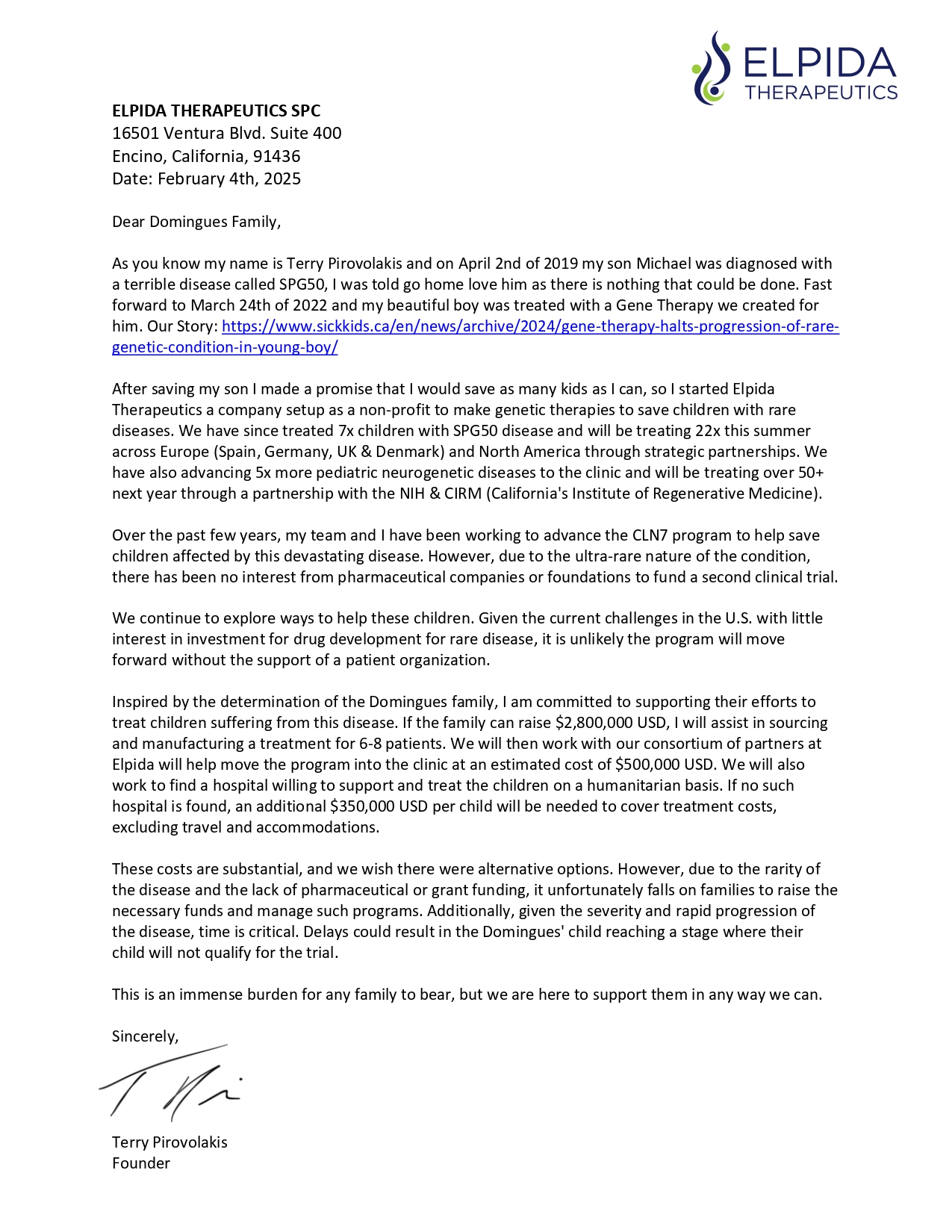 Elpida Therapheutics - Carta de Formalização da Parceria